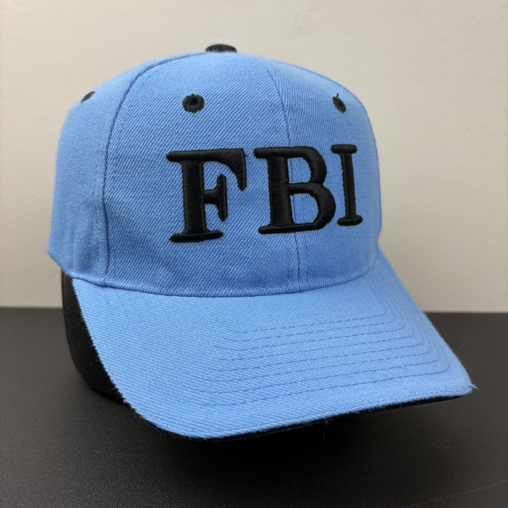 Vintage FBI Hat Light Carolina Blue Black Embroidered Block Logo Strapback Cap